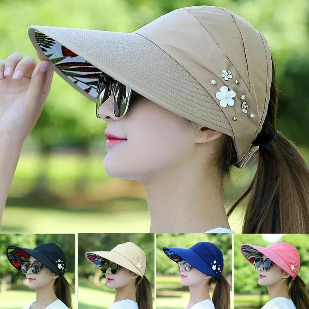 قبعة شمس للنساء بحافة واسعة قابلة للطي للحماية من الأشعة فوق البنفسجية، قبعة شاطئ صيفية عصرية قابلة للتعبئة في الهواء الطلق، قبعات علوية فارغة #1
