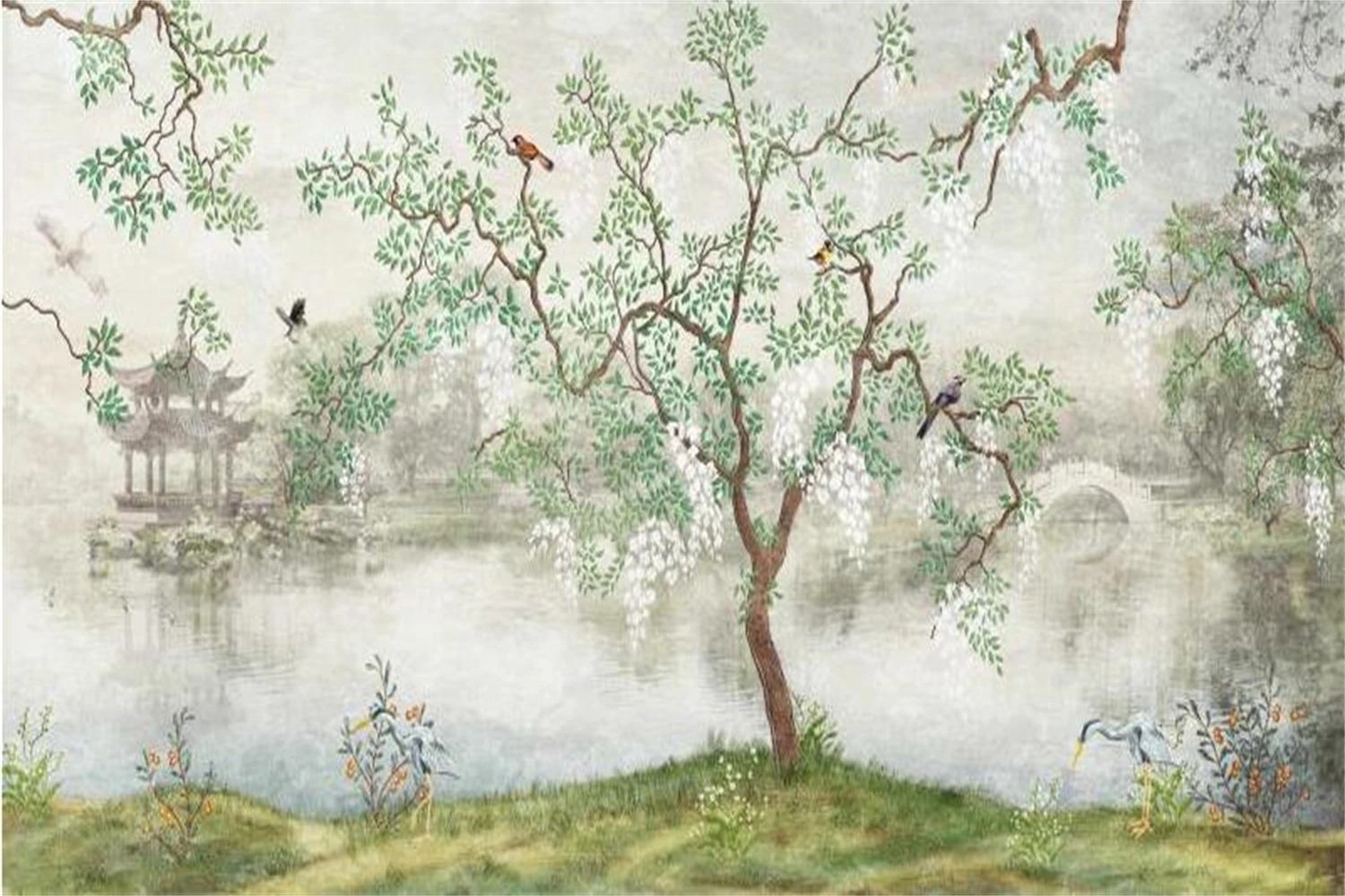 Custom wallpaper Chinese garden trees flowers and birds pavilion background wall mural home decoration living room 3d wallpaper