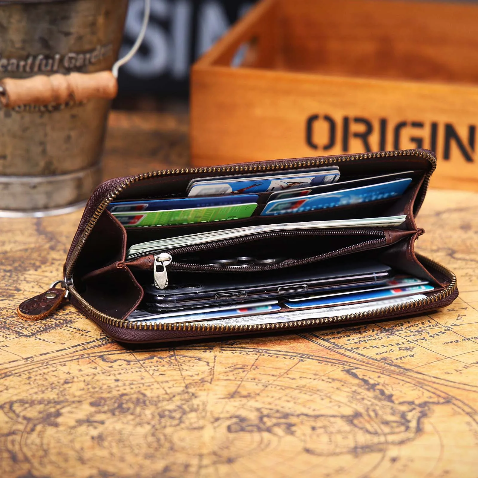 S.WORKER Vintage Crazy Horse Leder Geldbörse Handgefertigte Herren Echtleder Lange Brieftasche Clutch für Handy, Bargeld und Kartenhalter – Detail 17