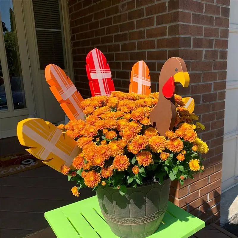 A67P-Wooden Turkey Planter Sticks,Thanksgiving Decorations For Outdoor Garden Farms Patio Planters Thanksgiving Decorations
