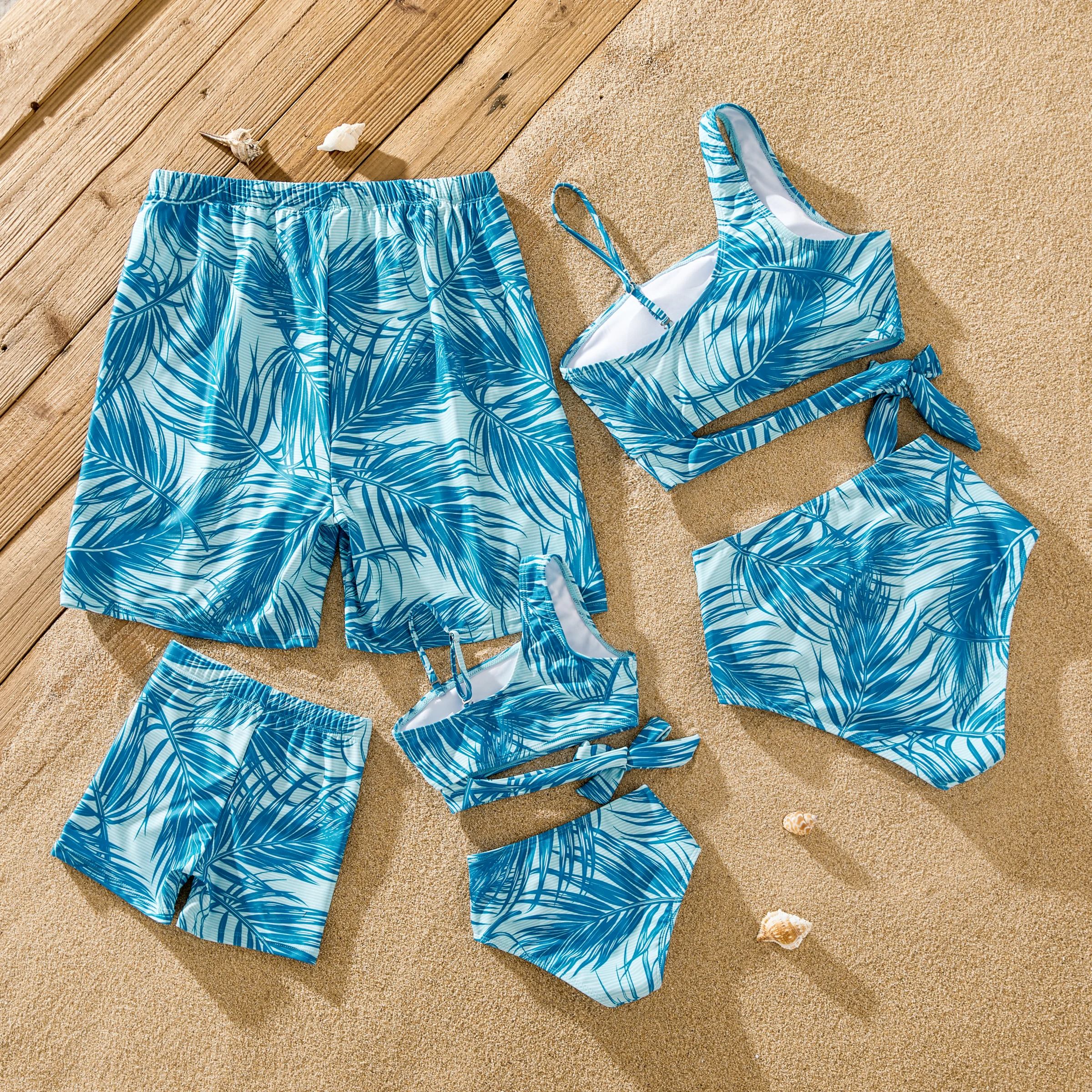 PatPat Family Matching Leaf Pattern Drawstring Swim Trunks or One-Shoulder Bikini with Removable Strap