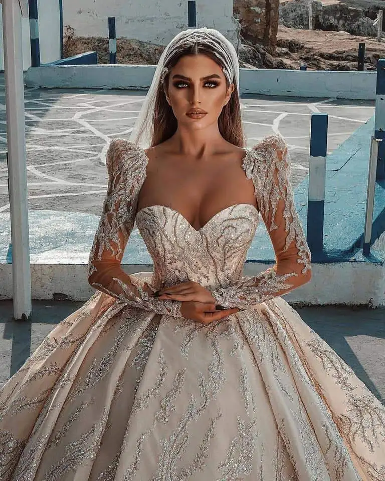 Fada vestido de casamento lantejoulas com querido apliques, manga comprida, andar de comprimento, vestido de baile, vestido de noiva, personalizado