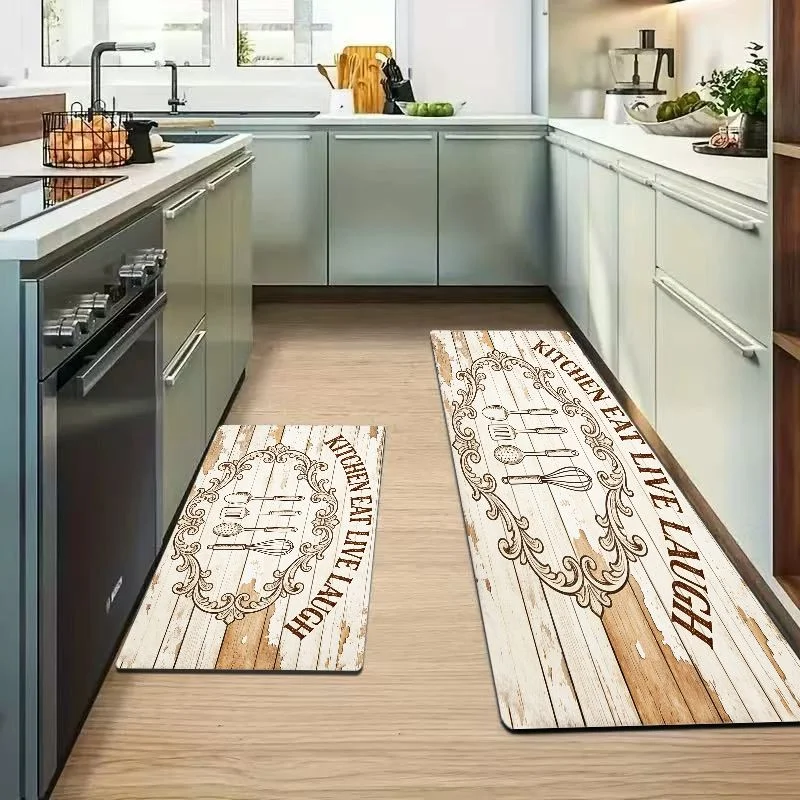 VIKAMA Farmhouse Vintage Eat Live Laugh Kitchen Mat Set Waterproof Non Slip Runner Easy Clean Wooden Floor Decor Carpet