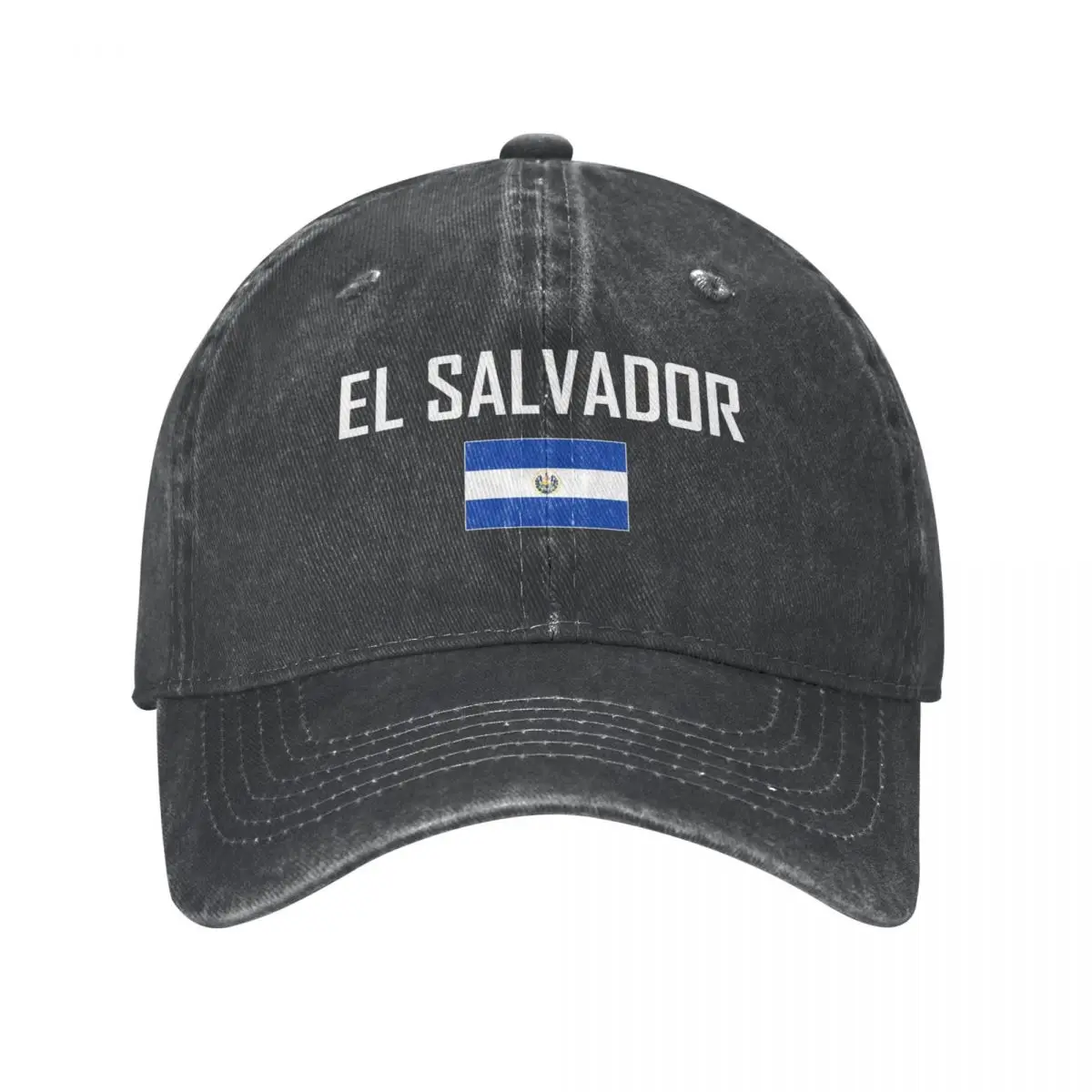 

Men Baseball Cap EL SALVADOR Flag And Font Charcoal Washed Denim Classic Vintage Cotton Dad Trucker Hat Unisex Adult