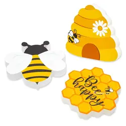 3Pcs Bee Shaped Wooden Desktop Centerpieces Decor Bee Happy Honey Beeswax Tabletop Decorations Home Rustic Aesthetics Supplies