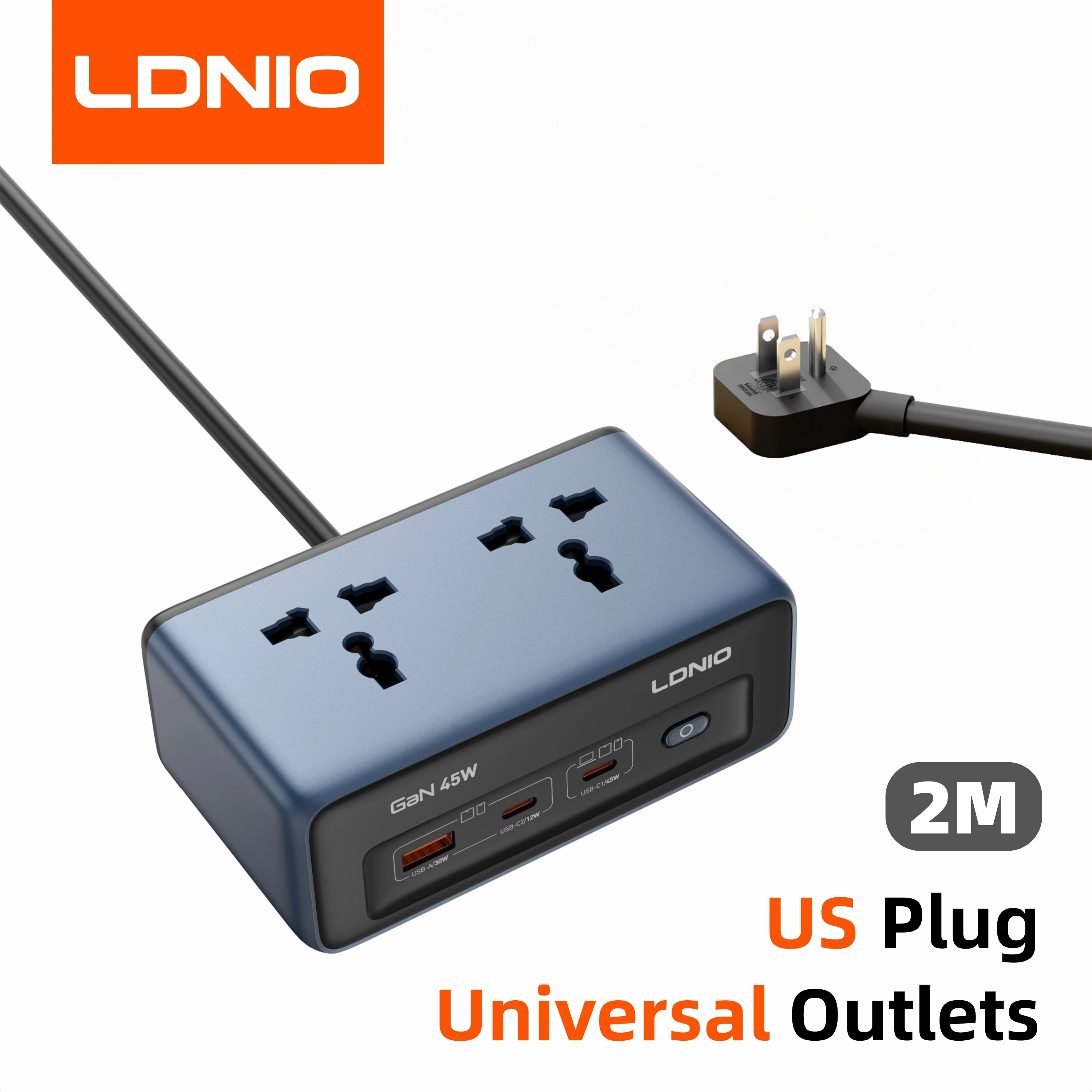 LDNIO Snelle oplader Cube Stekkerdoos 2M Elektrisch verlengsnoer 45W Type C Laadstation Us UK Eu Kr USB-stekkeradapter