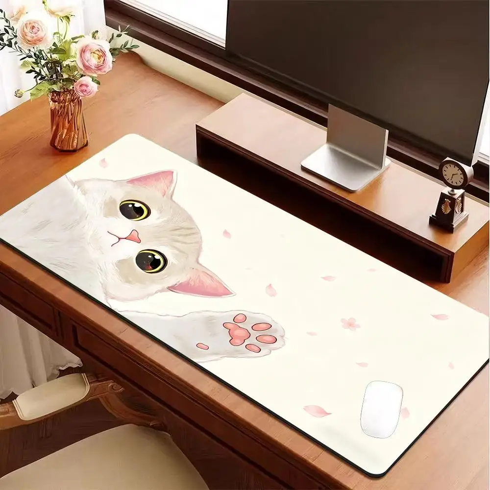 Adorable Pink Cat Mouse Pad - XXL Cute Kitty Gaming Desk Mat for Girls, Non-Slip Soft Surface Computer Pad for Office & Home