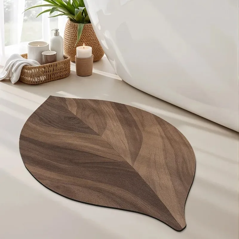 Wood‑Grain Leaf Print Diatomite Bath Mat Quick‑Dry Non‑Slip Absorbent Bathroom Floor Mat for Home Toilet