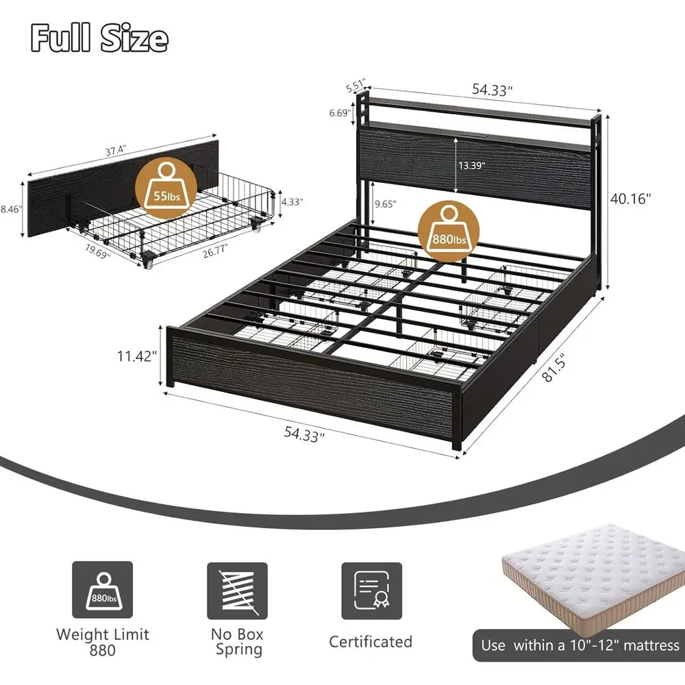 VINGLI Queen Platorm Bed e with 4 Storage Ders and Adjustable board Shel, Metal Bed with Charging Station and LED Lights, No Box