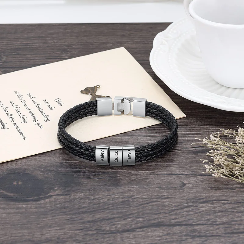 Custom Men Bracelets with Names Engraved Bracelet for Men Personalzied Braided Leather Bracelet for Men Fathers Day Bracelet