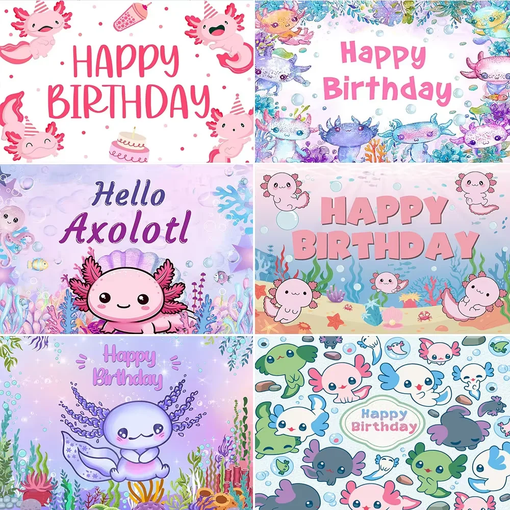 Cartoon Axolotl Theme Birthday Background Girl Photo Colorful Aquatic Plants Children's Party Decoration Custom Banner Props