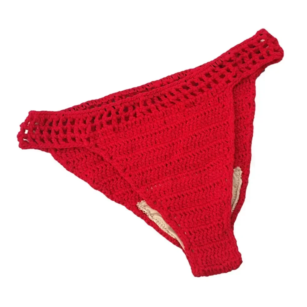 Women Sexy Crochet Bikini Cotton Hand Knitted Swimsuit Beach Wear Underwear Hollow Solid Thin Female Bikini Shorts Swimsuit