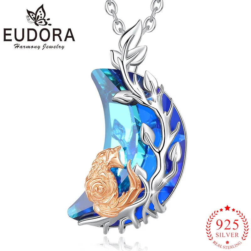 Eudora New 925 Sterling Silver Blue Crystal Moon Fox Necklace Tree of Life Pendant Fashion Men Women Jewelry Gifts