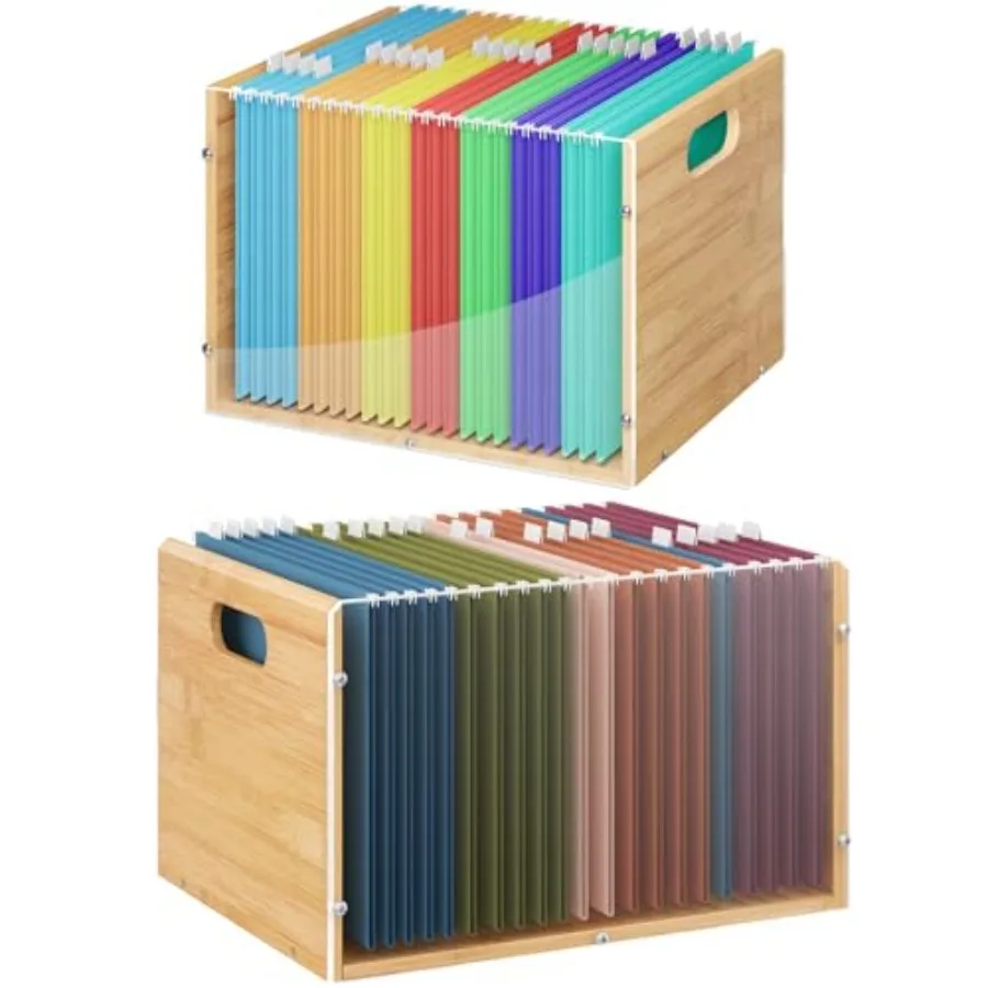 

2Pack Clear Acrylic File Box Organizer, Bamboo Hanging Folder Storage Boxes, Filing Crate Bin Holder with Handle for Home Offic