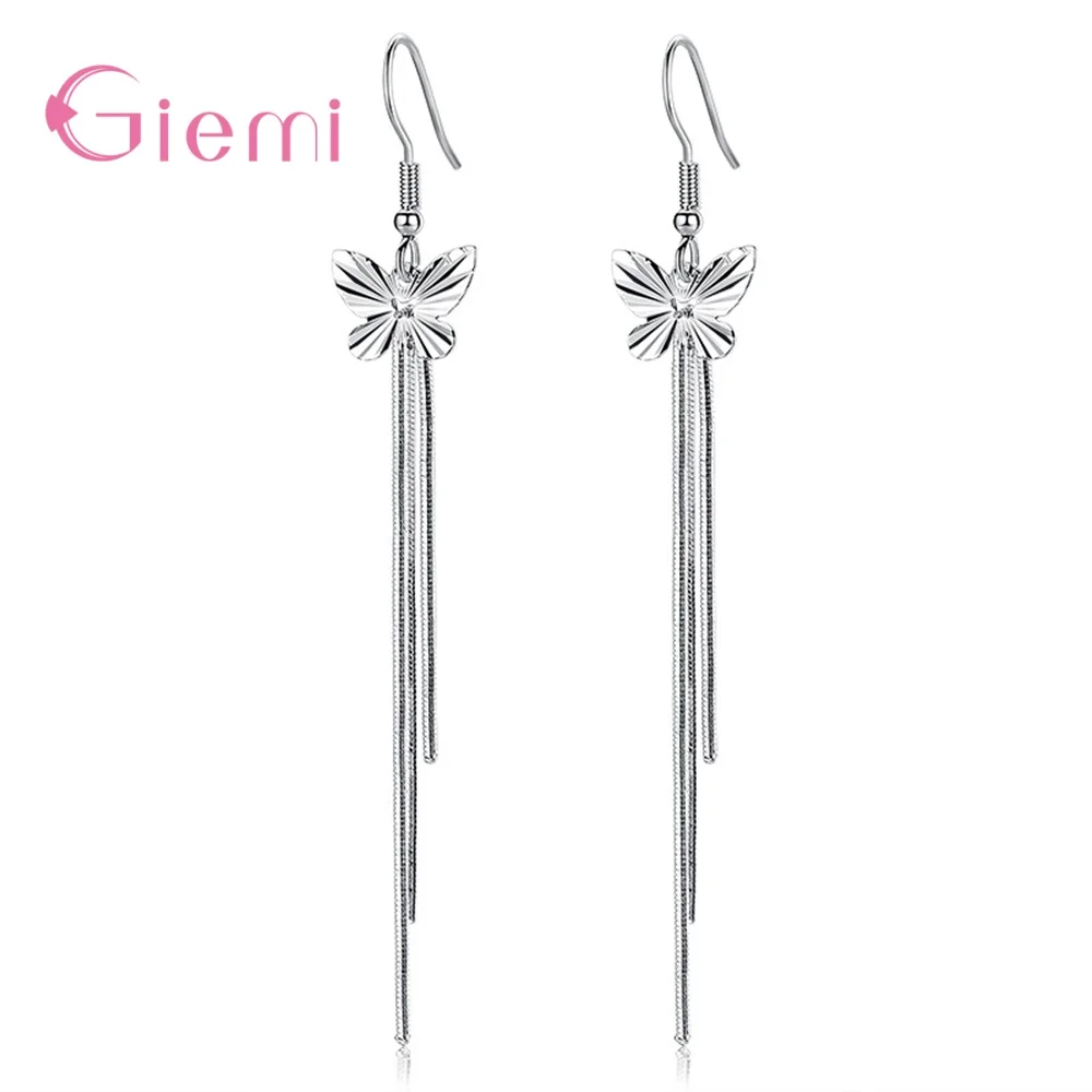 Pretty 925 Sterling Silver Butterfly Shape Tassel Drop Earrings For Women Girls Anniversary Wedding Party Fashion Jewelry Gifts