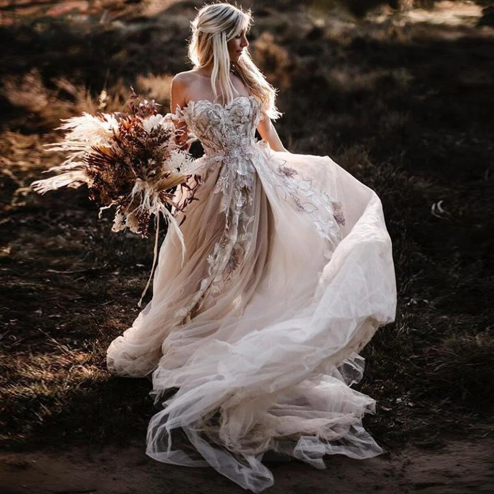 Bloemen Applicaties Romantische 2022 Land Trouwjurken Lace A-lijn Uit Schouder Backless Sexy Tulle Boho Bruidsjurken