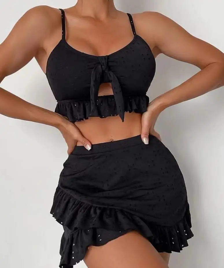 Yiiciovy 2023 Women\'s Summer 3PCS Beachwear Bikini Sets Solid Ruffles Knot Camisole + Low Waist Thong + Irregular Ruffle Skirts