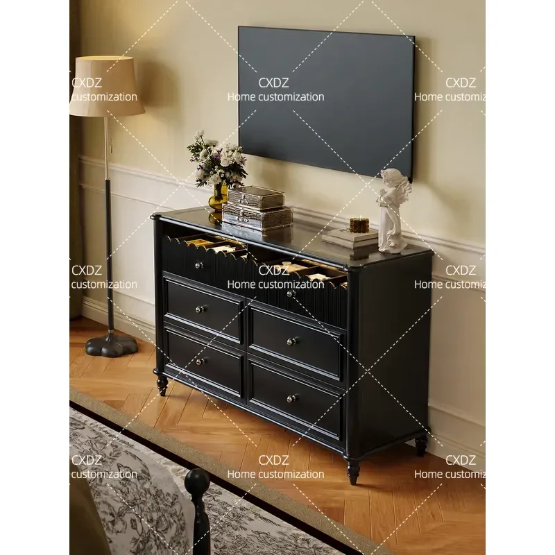 Retro Solid Wood Six Drawer Chest Bedroom Storage Cabinet Black Bedside Table Wall Mounted Medieval Style