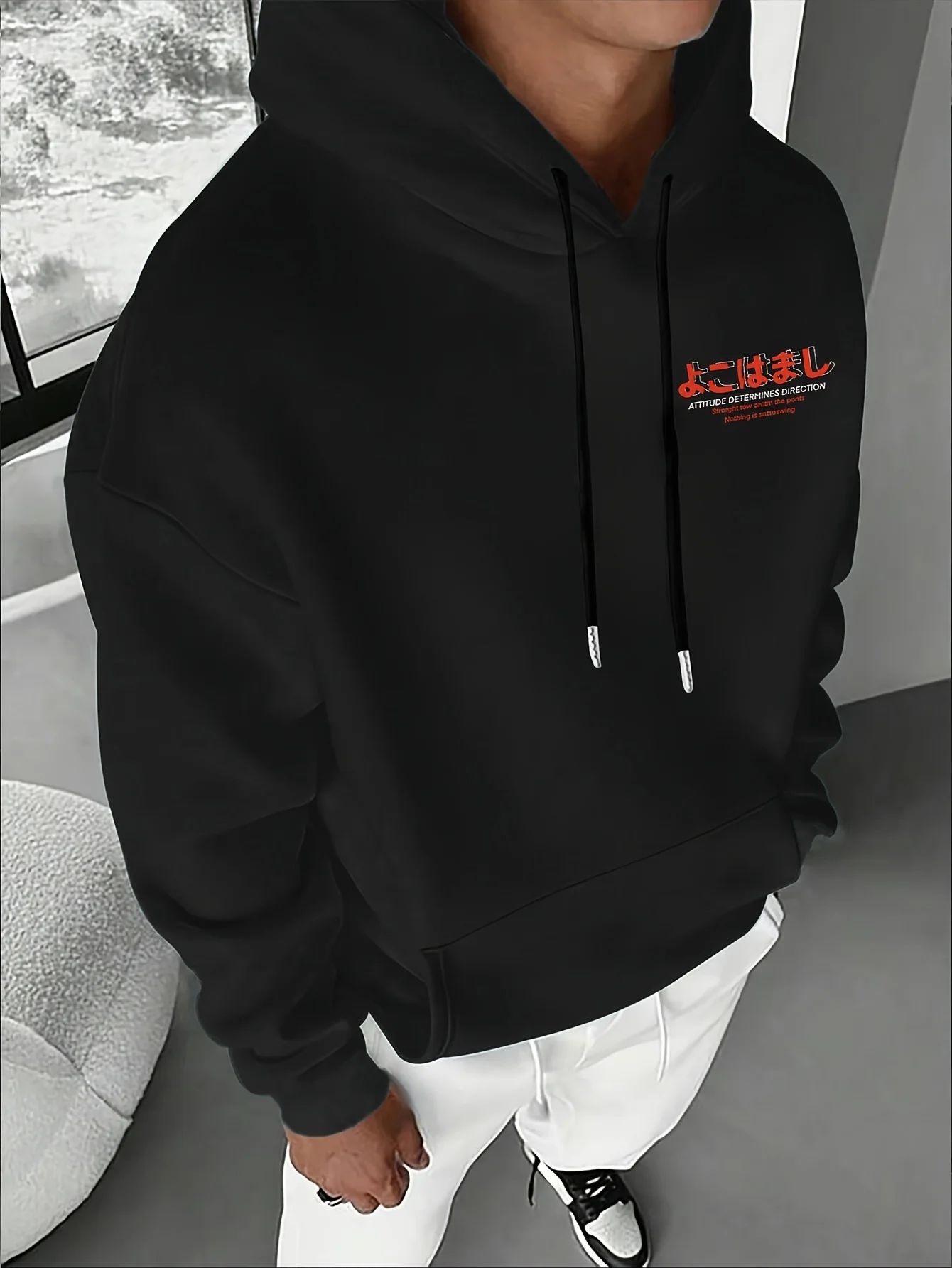 Men's autumn and winter casual fashion loose Tokyo pattern printed long sleeved hooded sweatshirt warm pullover