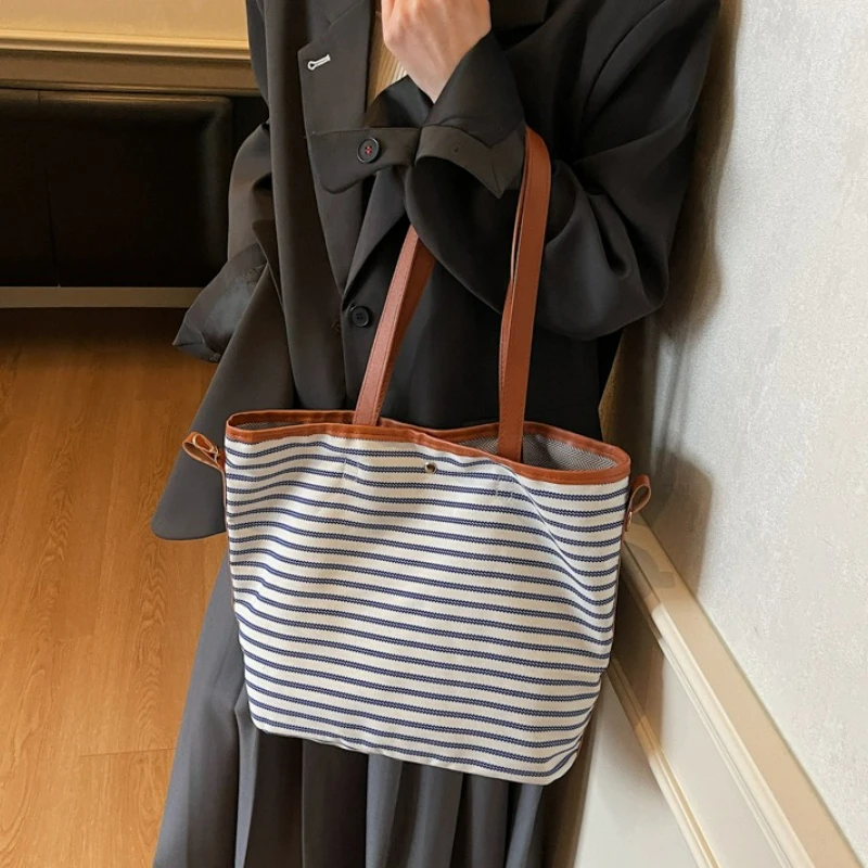 جديد الكورية نمط سعة كبيرة مخطط حمل حقيبة الموضة كسول عادية ركاب قماش حقيبة كتف عادية الملمس دلو حقيبة #3