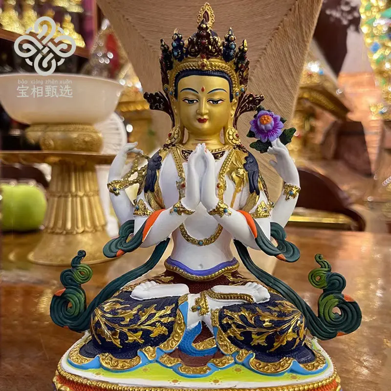 Four-armed Guanyin pure copper gilt Buddha statue painted treasure selection y2 Tibetan Tantra Buddhist Hall