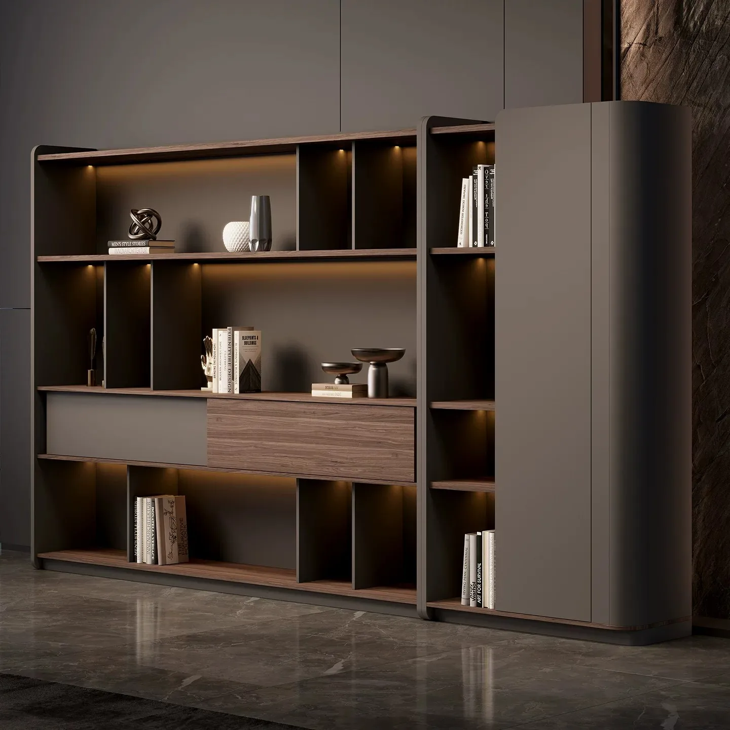 High-grade Wood Grain Texture Floor-to-ceiling File Cabinet Office Background Cabinet Large Bookcase Light Strip Wall Cabinet St