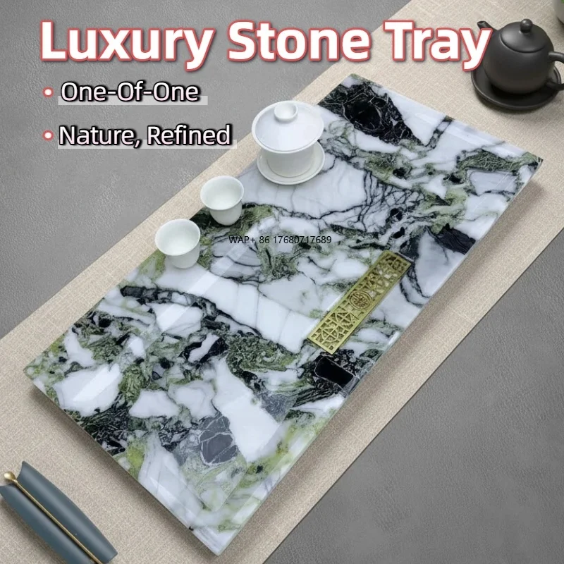 

Factory Direct Luxury Long Rectangular Marble Tea Tray Heat-Resisting Durable Features Drainage Groove for Kungfu Tea Ceremony