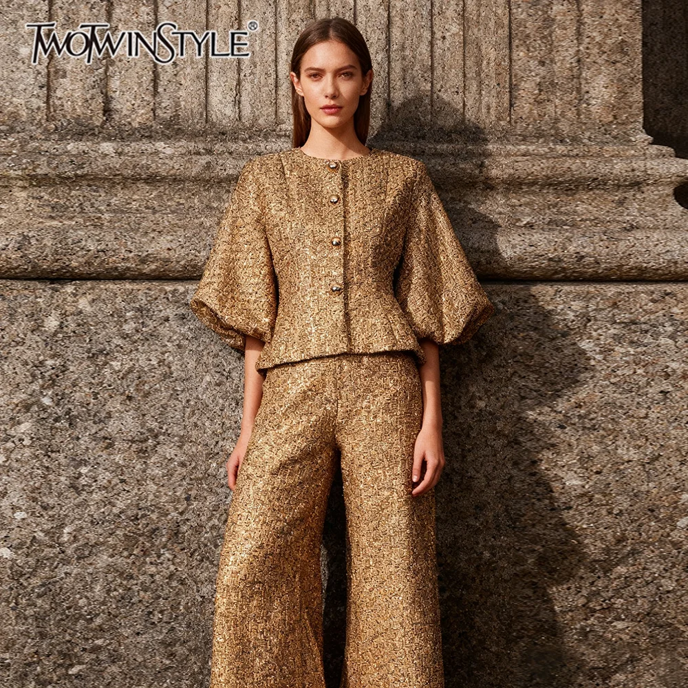 TWOTWINSTYLE Solid Loose Spliced Sequins Temperament Jackets for Women Round Neck Half Sleeves Tunic Fashion Jacket Female New