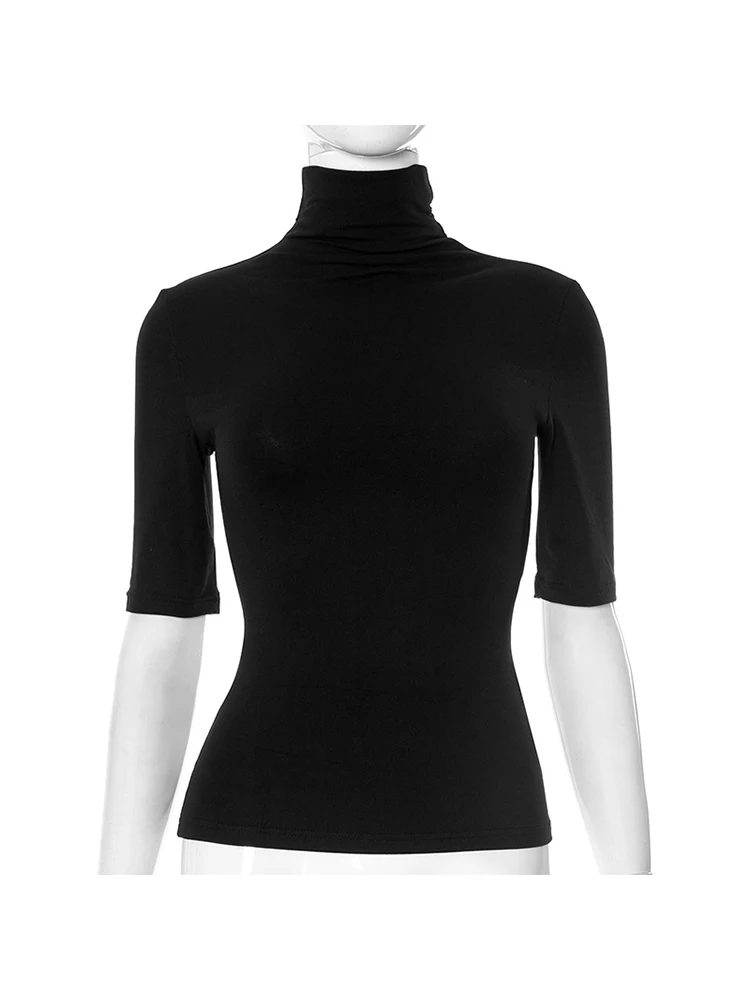 Damen Rollkragenpullover mit Halben Ärmeln, Figurbetontes Strick-Oberteil, Einfarbig, Dehnbar, Basis-Layering-Shirt für Büro und Alltag – Detail 19
