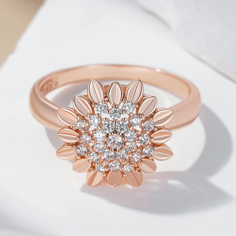 Kinel Hot 585 Rose Gold Color Creative Crystal Flower Rings for Women Fashion Natural Zircon Accessories Vintage Wedding Jewelry