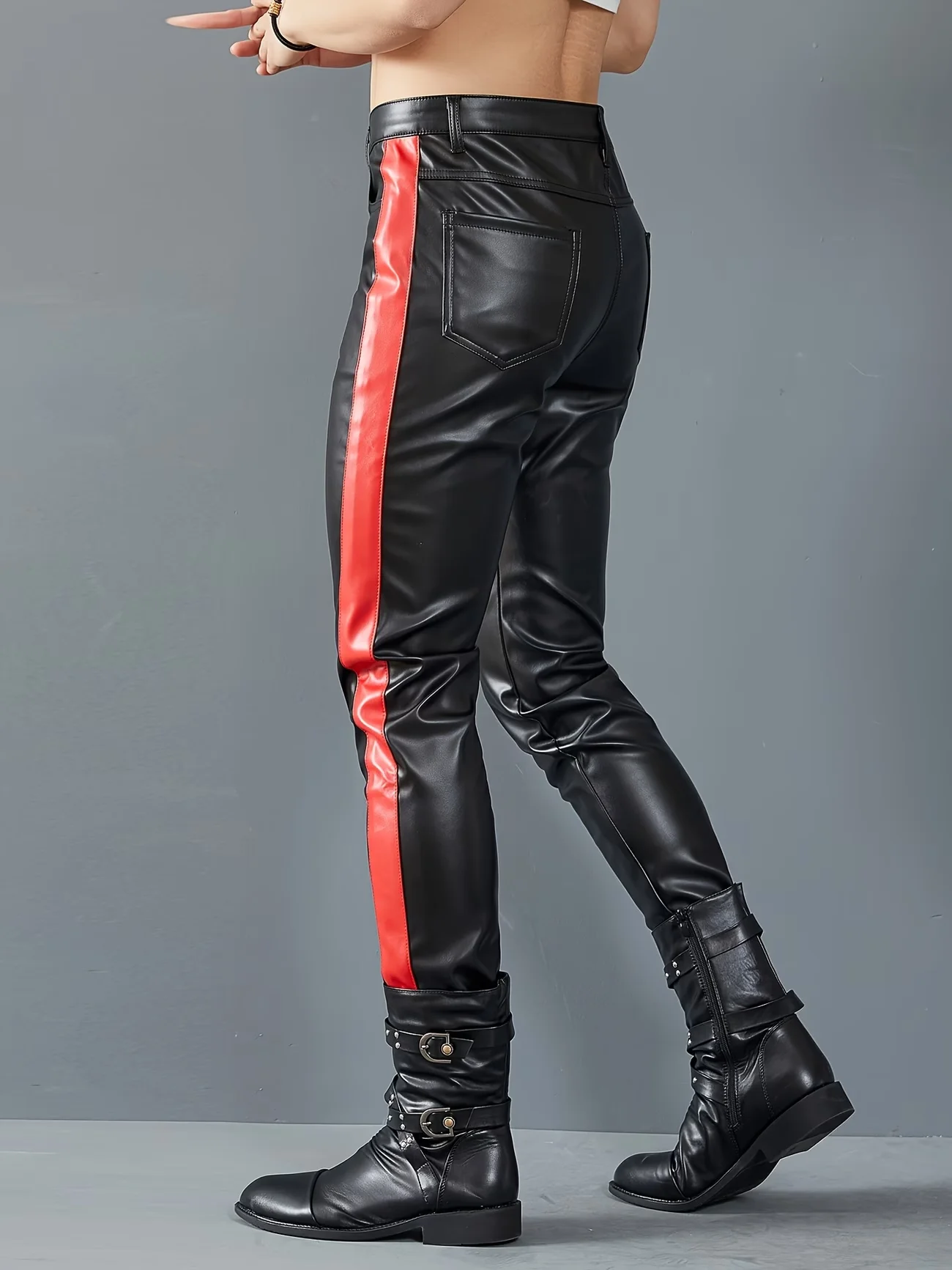 Herren Dehnbare Patchwork Outdoor Halloween Party Cosplay Biker Motorrad PU-Lederhose – Detail 5
