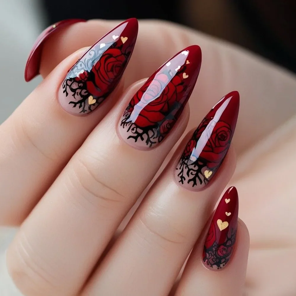 

24PCS Almond French Press on Nails with Wine Red Rose Fake Nails Vintage Luxury Valentines Day Romantic Sweet Gentle False Nails