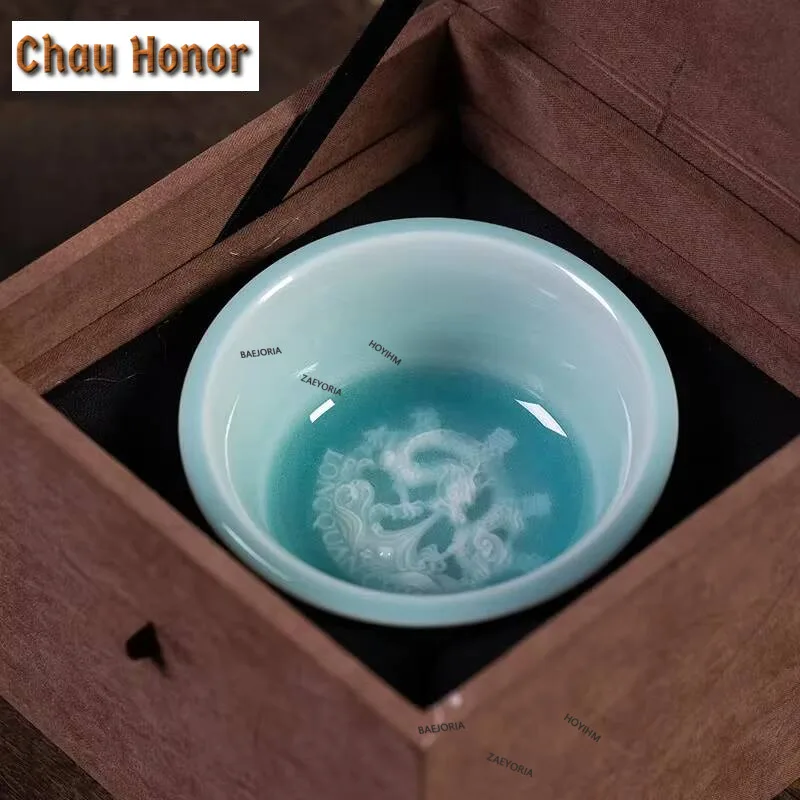 90ml High-end Longquan Celadon Teacup Famous Master Handmade Single Cup Large Dargon Tea Bowl Kung Fu Teaware Collection Gifts