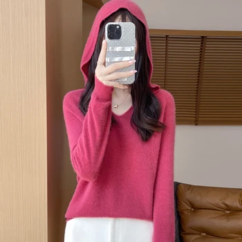여성용 V넥 풀오버 후디, 100% 메리노 울 스웨터, 캐주얼 루즈 캐시미어 니트웨어, 한국 패션, 여성 점퍼, 가을, 겨울 