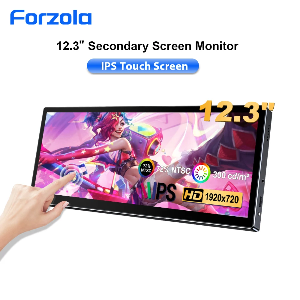 FORZOLA 12.3 inch Touch Screen Monitor HD 1920x720 with HDMI Type C IPS LCD Bar Temp Display Computer Secondary Extension Screen