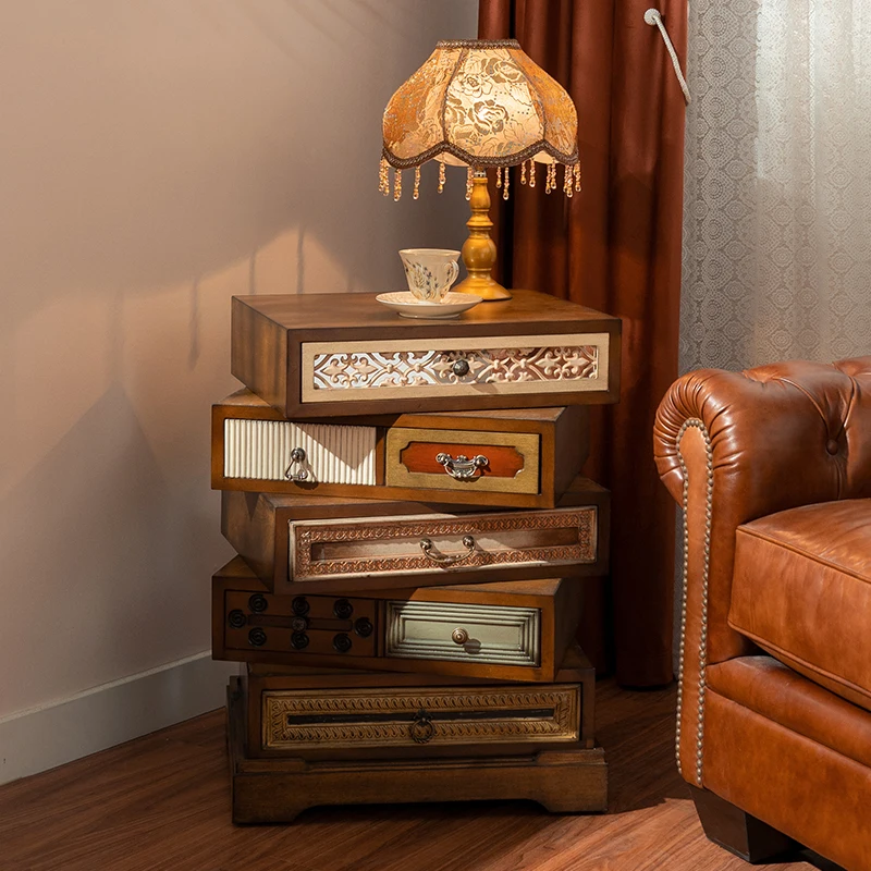 

American retro rotating bedside table, antique small side cabinet, solid wood locker, small apartment storage cabinet