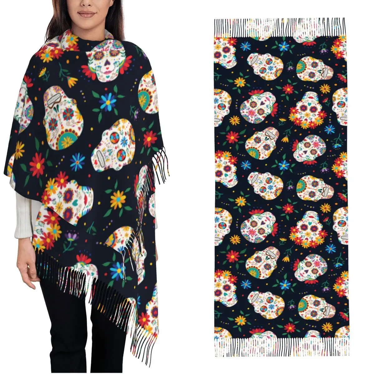 Day Of The Dead Floral Sugar Skull Calavera Scarf for Women Warm Winter Cashmere Shawl Wrap Large Scarves with Tassel Daily Wear