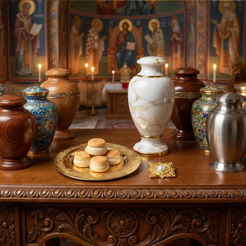 Orthodox Altar Set Gold Icon Plate with Liturgical Bread and Ornate Square Ornament in Gift Box Byzantine Religious Home Decor