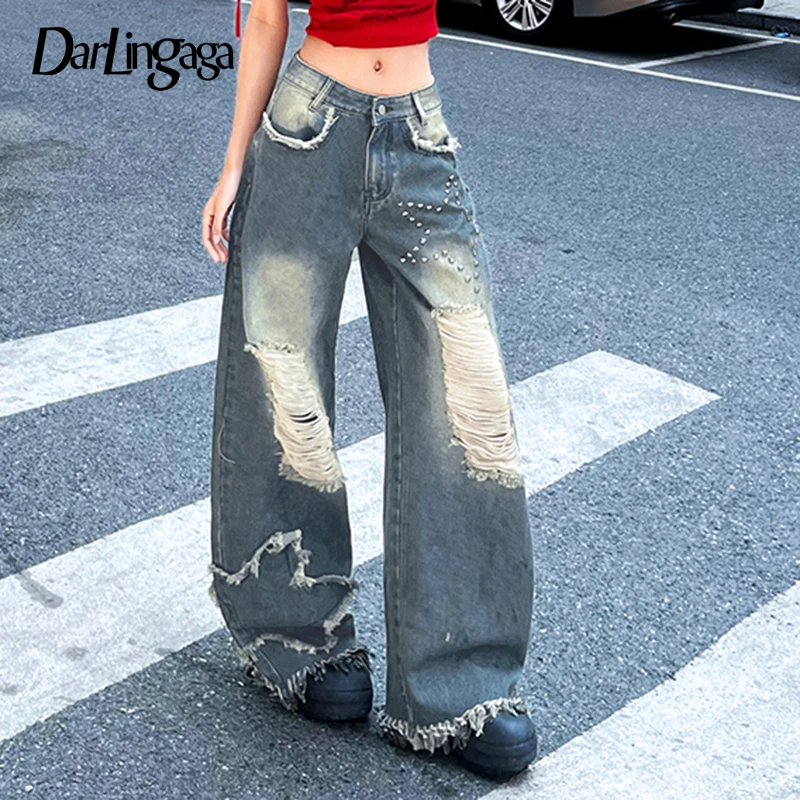 

Darlingag Fairycore Pentagram Rivets With Hole Jeans Women Chic Ripped Straight Leg Pockets Denim Pants Streetwear Bottoms Trend