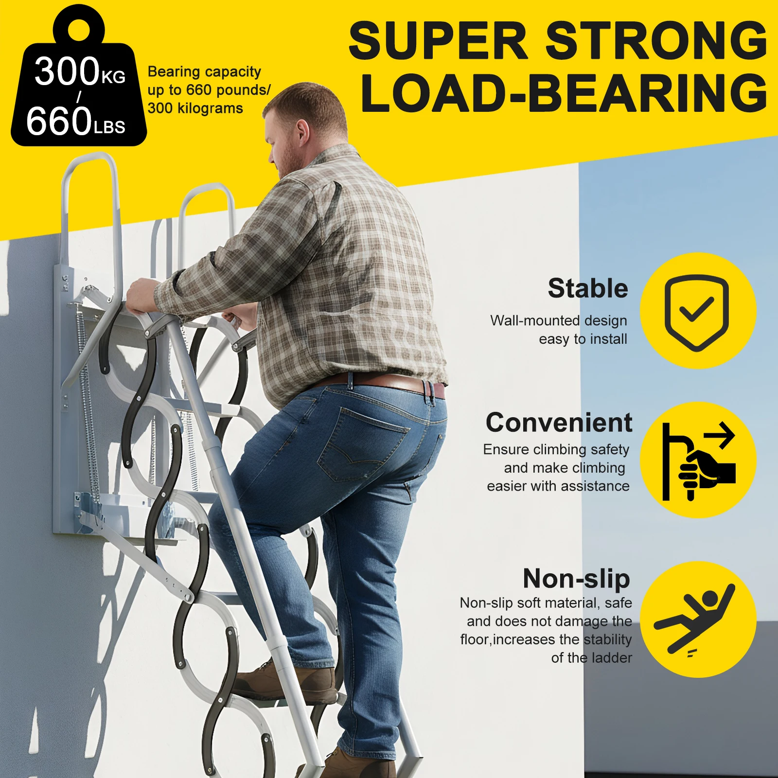 

9/11Steps Loft Foldable Ladder Wall-Mounted Attic Telescopic Staircase with 2 Handrails for Storehouse Basement