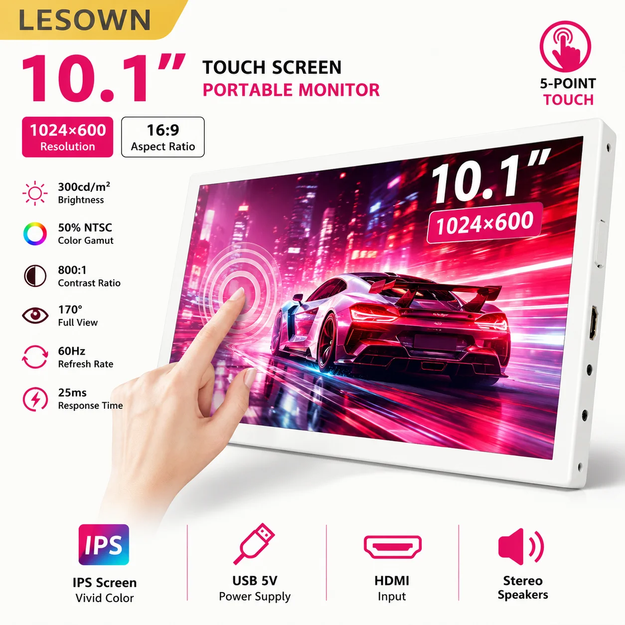 

LESOWN 10.1inch NVR Host Sub-screen 1024x600 Matte Wihte External Display with Speakers for CCTV Output Terminal Setup