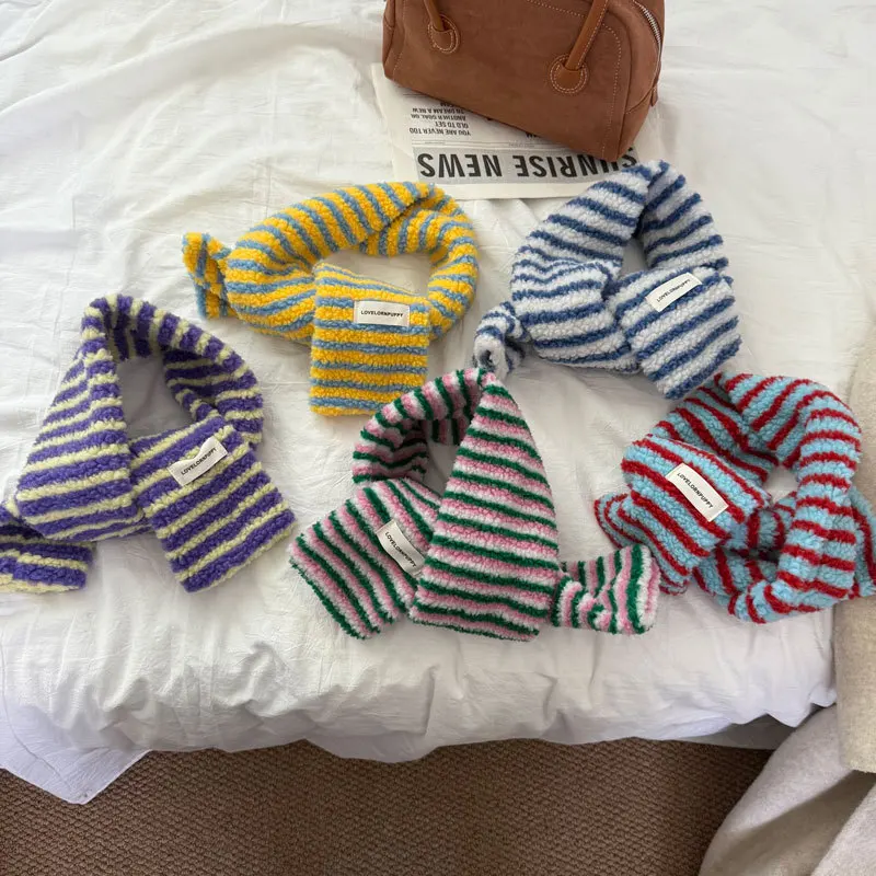 

Korean Stylish Teddy Velvet Stripes Scarf Women Men Autumn Winter Warm Perforated Knitted Small Scarves Female Thermal Muffler