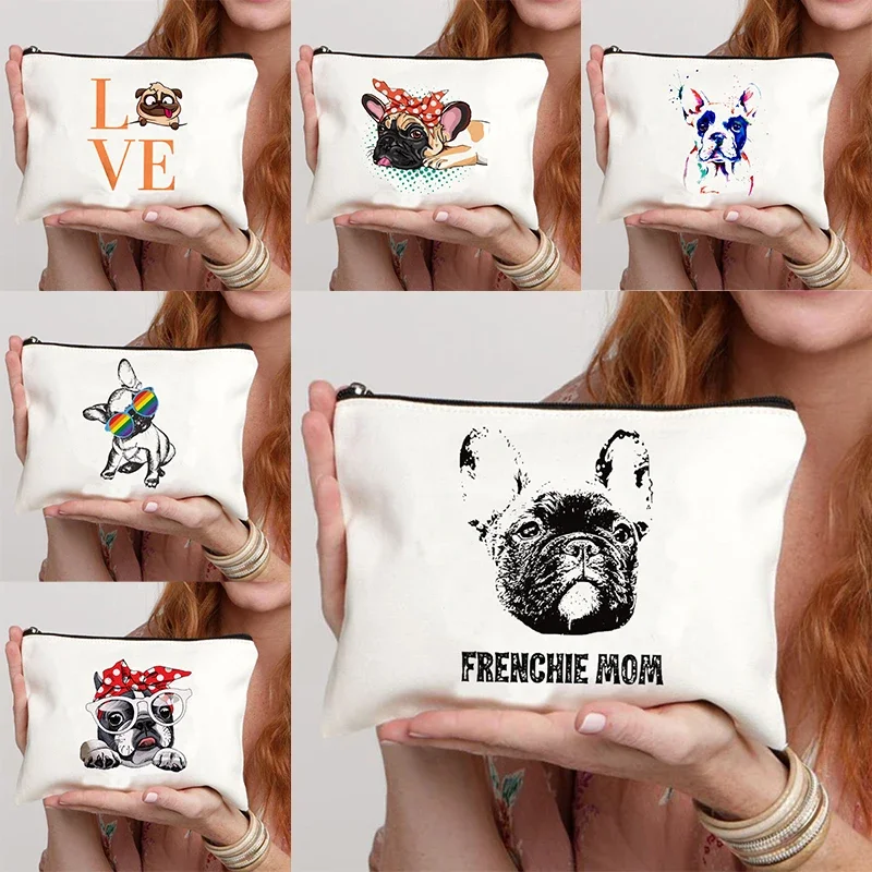 Funny French Bulldog Cartoon Print Makeup Canvas Bag Women's Bags Organizer Mini Bag Toiletry Kit Professional Suitcase Make Up