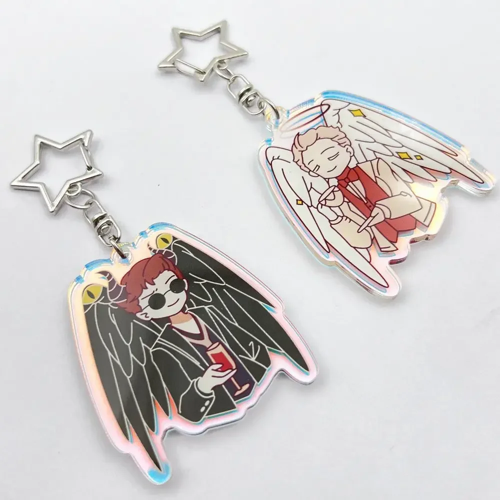 Good Omens Anime Keychain Aziraphale Crowley Angel Demon Acrylic Key Chain Q Version Bag Pendent Decor Accessories