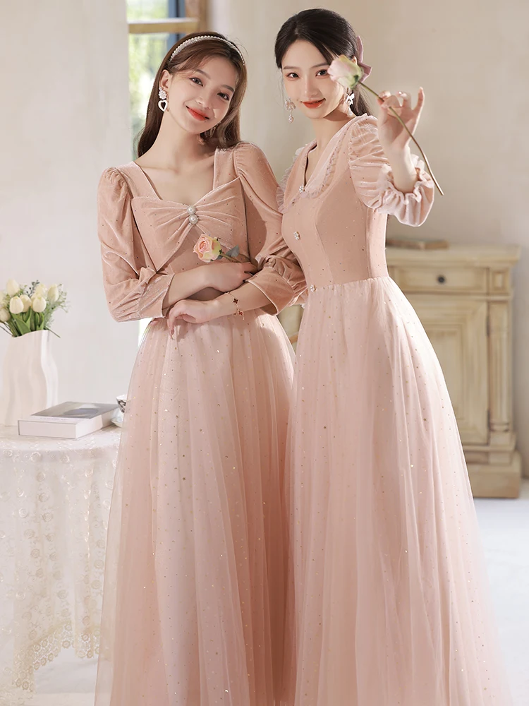 pink-velvet-braidal-dresses-long-sleeve-sequins-tulle-patchwork-wedding-party-long-dress-elegant-women-prom-vestidos