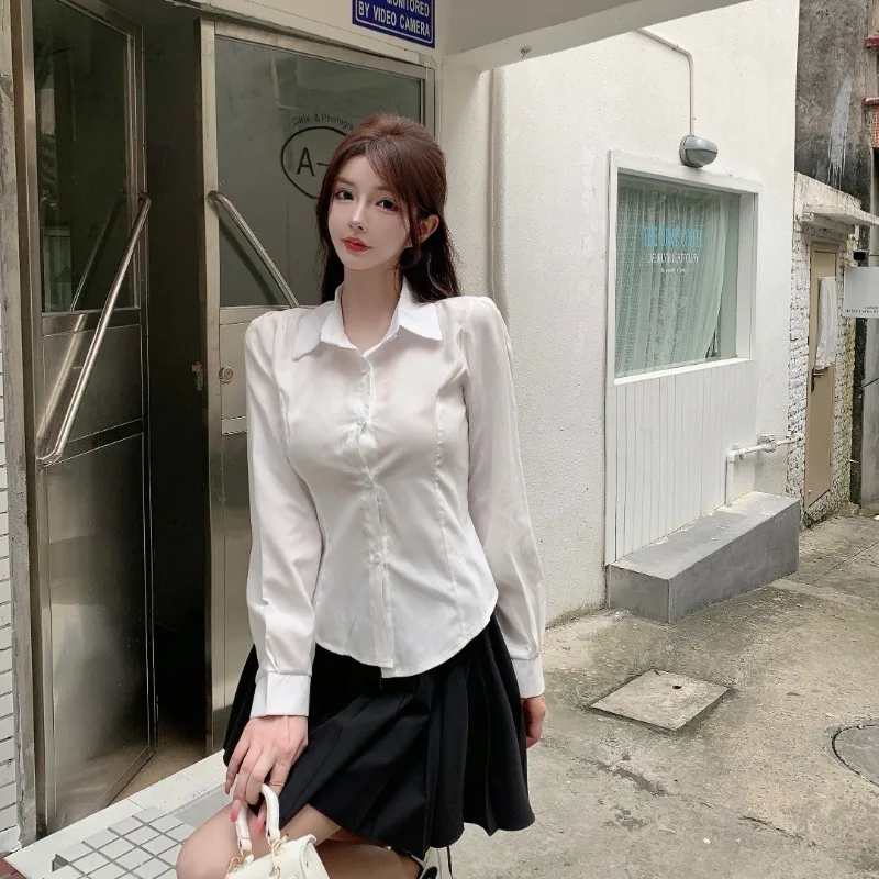 Casual Shirts Women Slim Solid Single Breasted Long Sleeve Turn Down Collar Autumn Fashion New Korean Popular Chic Outerwear