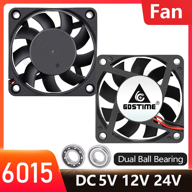 Gdstime 6015 5V 12V 24V Axial Fan 60mmx60mmx15mm PC Computer Case Cooler 6cm DC Brushless Fan for 3D Printer Cooling Fan