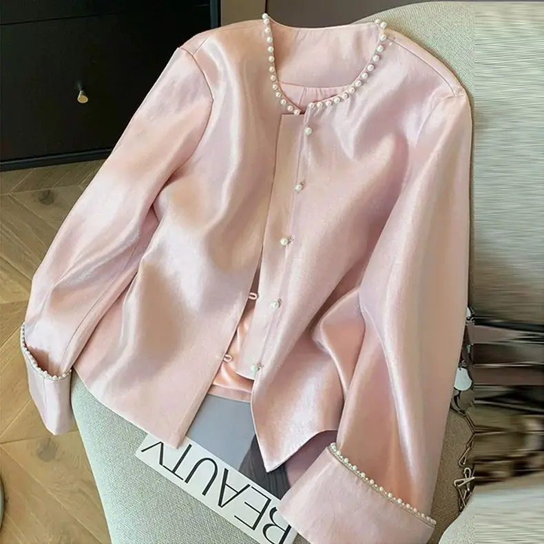 

Pink Satin Coat Women's 2025 New Sweet And Loose Temperament Slim Fit Top For Spring And Autumn