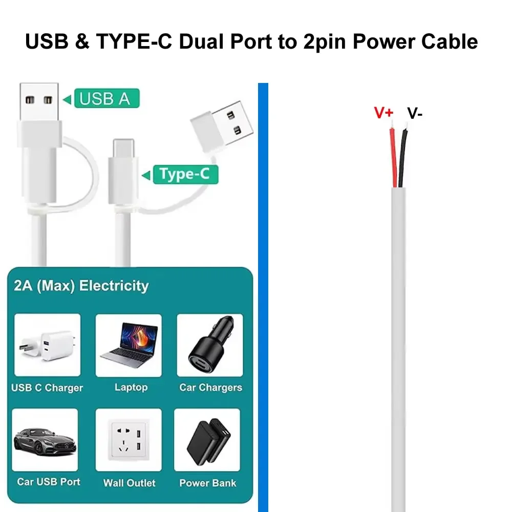 كابل ضفيرة من النوع C ثنائي النواة، وصلة كابل USB إلى 2Pin عارية كابل طاقة DIY سلك شحن USB C 5 فولت للاستبدال أو الإصلاح