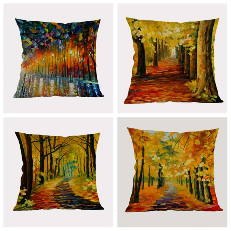 

Oil Painting Scenery Autumn Tree Linen Cotton Decoraitve Pillowcase Throw Pillow Renew Sofa Car Cushion Cover 45x45cm Home Gift